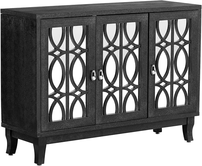 Multifunctional Sideboard with Glass, Vintage 3 Door Mirrored Buffet Cabinet,W/Silver Handle,Easy to Assemble,Console Table for Living Room Hallway Entryway,Black, 47.2" - LeafyLoom