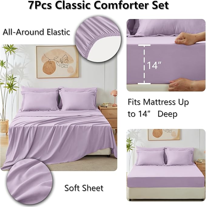 CozyLux Queen Comforter Set with Sheets 7 Pieces Bed in a Bag Light Purple All Season Lavender Bedding Sets with Comforter, Pillow Shams, Flat Sheet, Fitted Sheet and Pillowcases - LeafyLoom