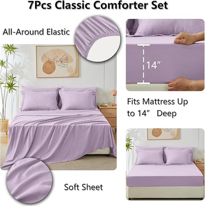 CozyLux Queen Comforter Set with Sheets 7 Pieces Bed in a Bag Light Purple All Season Lavender Bedding Sets with Comforter, Pillow Shams, Flat Sheet, Fitted Sheet and Pillowcases - LeafyLoom