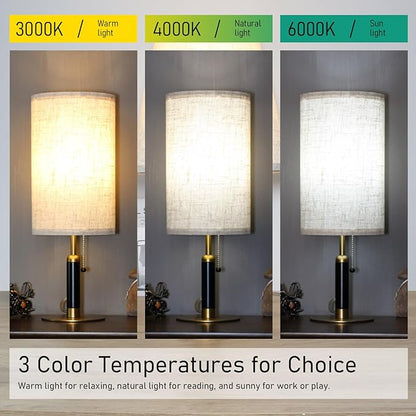 3-Color Temperatures Bedside Table Lamp for Nightstand Living Room Lamps for Bedroom Wood Fabric Pull Chain Switch Small Desk Lamps Home Office End Table Room Decor (Light Brown+Brass) - LeafyLoom