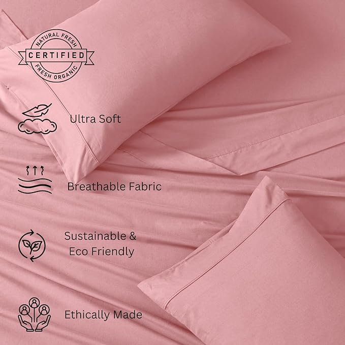 LANE LINEN 100% Organic Cotton Queen Sheets Set, 4-Piece Pure Organic Cotton Percale Sheets Queen, Cotton Bedsheets, Ultra Soft Bedding Sheets, Breathable, Fits Mattress Upto 15" Deep - Rose Dawn - LeafyLoom