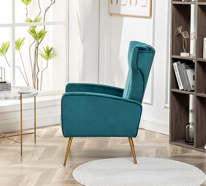 Armchair Modern Velvet Accent Chair, Channel Tufted Bedroom, Office or Living Room Furniture with Elegant Metal Legs, Blueish Green - LeafyLoom