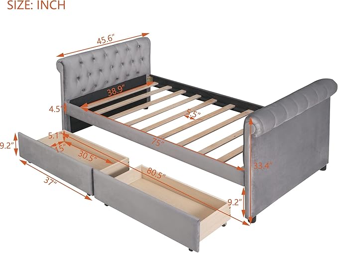 Twin Size Velvet Upholstered Daybed with Trundle and Two Armrests,Storage Wonden Bed Frame,W/Drawer,Wood Slat Support,for Apartment,Bedroom,Living Room,No Box Spring Needed,Gray - LeafyLoom