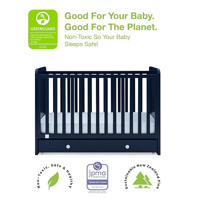 babyGap by Delta Children Graham 4-in-1 Convertible Crib with Storage Drawer TrueSleep Crib and Toddler Mattress (Bundle), Navy/Light Blue - LeafyLoom