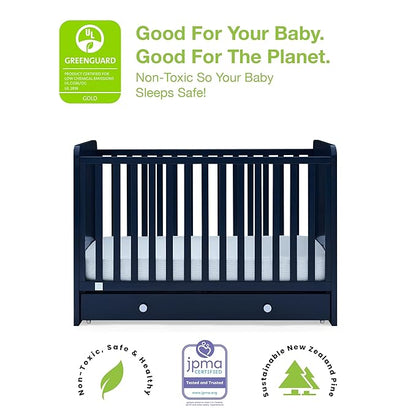 babyGap by Delta Children Graham 4-in-1 Convertible Crib with Storage Drawer TrueSleep Crib and Toddler Mattress (Bundle), Navy/Light Blue - LeafyLoom