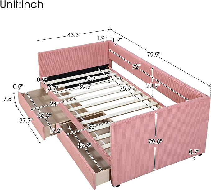 Twin Size Upholstered Daybed with 2 Storage Drawers, Corduroy Sofa Bed Frame for Living Room, Bedroom, Wood Slat Support, Pink - LeafyLoom