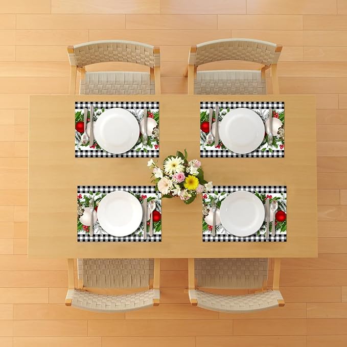 Nepnuser Black and White Gingham Christmas Placemats Set of 4 Buffalo Check Plaid Xmas Place Mats for Home Kitchen Dining Table Decoration Nepnuser