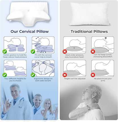 Cervical Pillow for Neck Pain Relief, Cooling Contour Memory Foam Pillows Support Odorless Ergonomic Neck Pillow Adjustable Orthopedic Bed Pillow for Side Back Stomach Sleeper with Pillowcase - LeafyLoom