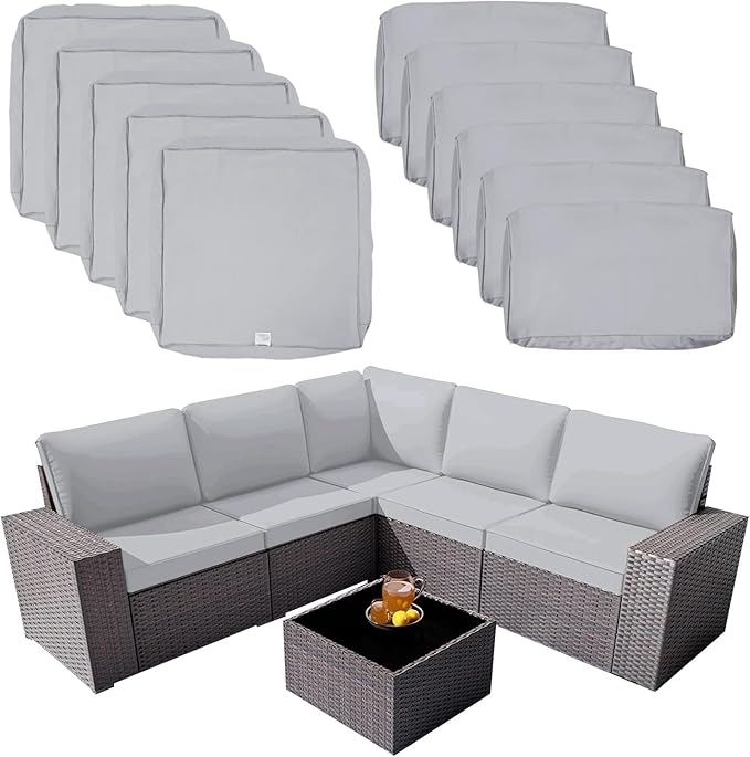 ClawsCover 11Pack Outdoor Seat and Back Cushions Replacement Covers Fit for 5-Seater 6 Pieces Wicker Rattan Patio Conversaton Set Sectional Couch Chairs Furniture,Gray-Include Cover Only - LeafyLoom