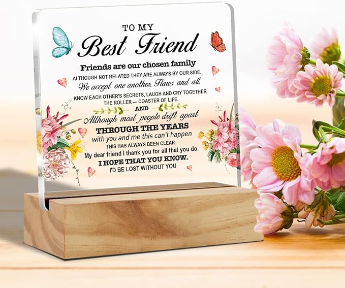 Best Friend Gift Friendship Desk Decor Friends are Our Chosen Family Acrylic Desk Plaque Sign with Wood Stand Home Office Table Desk Sign Keepsake - LeafyLoom