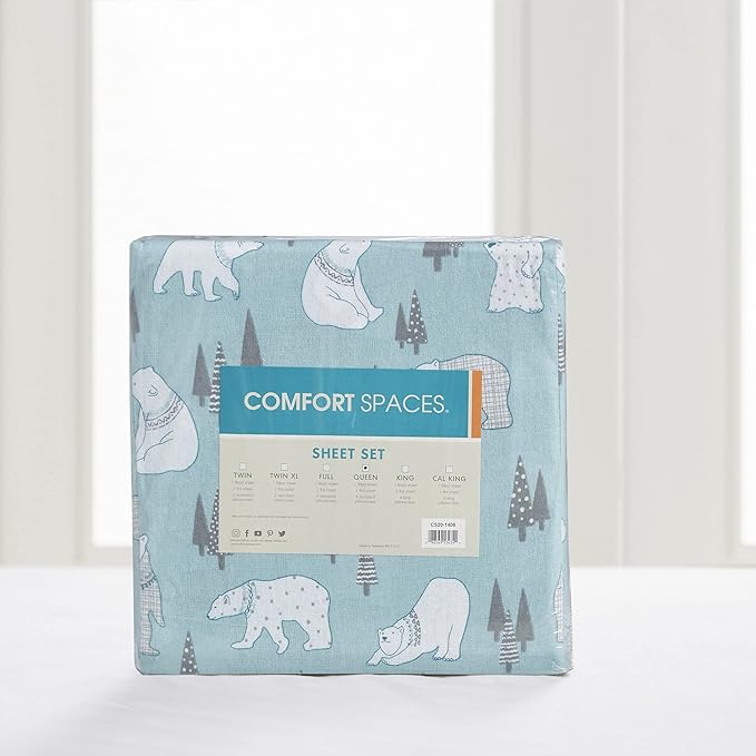 Comfort Spaces Cotton Flannel Breathable Warm, Deep Pocket Sheets with Pillow Case Bedding, Queen, Blue Polar Bears 4 Piece - LeafyLoom