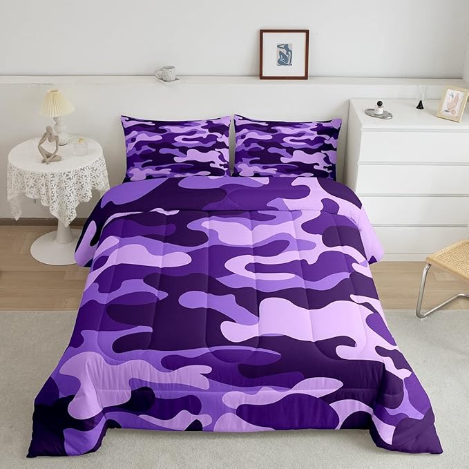 Full Size Camouflage Comforter Set 3Pcs Kids Bedding Set for Boys Girls Teens 1 Comforter & 2 Pillowcases(Full,Purple) Boys - LeafyLoom