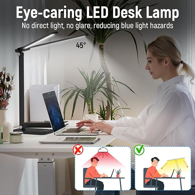 Adjustable Foldable Desk Lamp for Home Office - Double Swing Arm Bright LED Desk Light, Eye-Caring Architect Task Lamp, Touch Control Desktop Lamp Dimmable Table Desk Light for Work/Study/Craft - LeafyLoom