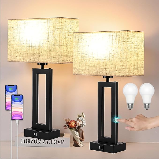 Touch Lamps for Bedrooms Set of 2 BedsideTable Lamp with USB C+A, 3 Way Dimmable Nightstand Lamps Modern Living Room Lamps for End Tables Night Stand Lamps for Home Office Guest Room, Cream&Black - LeafyLoom