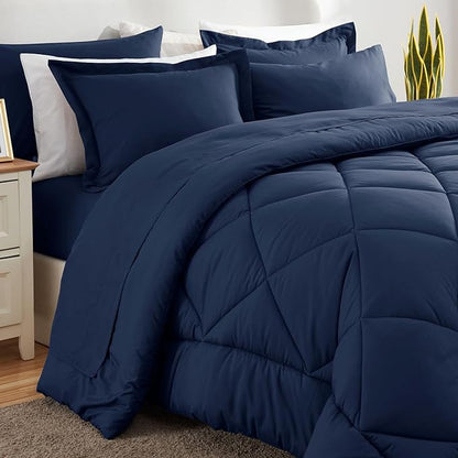 CozyLux Twin Bed in a Bag Comforter Set with Sheets 5 Pieces for Girls and Boys Navy Blue All Season Bedding Sets with Comforter, Pillow Sham, Flat Sheet, Fitted Sheet and Pillowcase - LeafyLoom