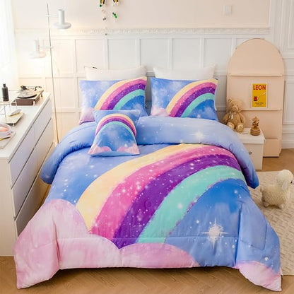 Aqua Blue Full Size Kids Comforter Sets for Girls, 6Pcs Colorful Rainbow Gradient Bedding Set, 3D Glitter Galaxy Bed in A Bag with Comforter, Sheets and Pillowcases for Teens - LeafyLoom