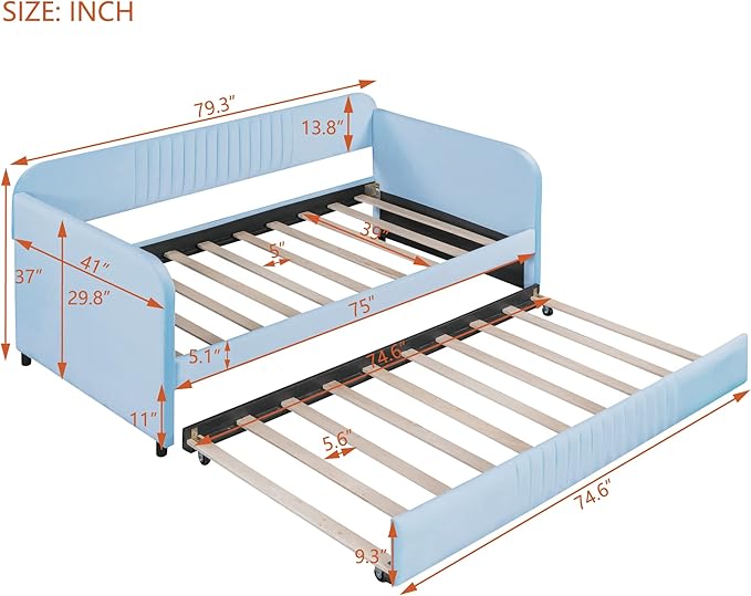 Upholstered Twin Size Daybed with Trundle, Backrest and Armrests, Modern Velvet Day Bed Frame for Bedroom Guestroom Living Room, Wood Slats Support, Light Blue - LeafyLoom