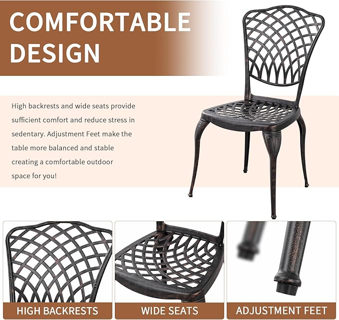 Bronze Patio Bistro Set - 3 Piece Outdoor Cast Aluminum Furniture, Large Table & Chairs, Weather Resistant, Adjustable Foot Pads, Umbrella Hole - LeafyLoom