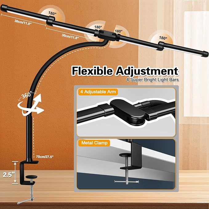 LED Desk Lamp for Home Office, 24W Bright Office Desk Lamp with Desktop Dimmer, 46" Multi-screen Computer Monitor Architect Clamp Desk Light, Color and Dimming LED Table Light for Work Study - LeafyLoom