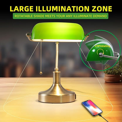 Banker Desk Lamp Green Glass, Antique Desk Lamps with Brass Base, Traditional Library Table Lamp with USB A and Type C Charging Port for Office, Study Room, Pull Chain Switch - LeafyLoom