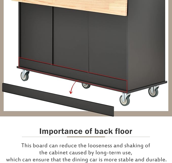 52.7 Cart with Wood Top and Drop Leaf Breakfast Bar, Rolling Mobile Island Towel Rack,Large Storage Cabinet Kitchen Table for Dinning Room, Black, 52.76 Inch - LeafyLoom