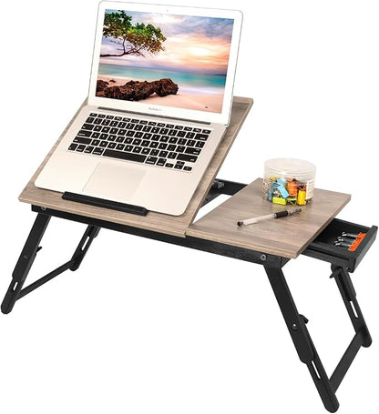 Bamboo Laptop Desk Bed Tray Table Adjustable Table for Computer Tilting Top Foldable Leg with Drawer - LeafyLoom