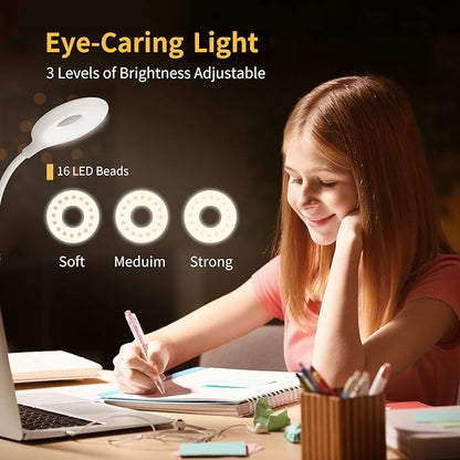 Clip on Light for Bed & Desk, Reading in Bed, Dorm, Flexible Gooseneck, Battery Operated Rechargeable Clamp Lamp for Headboard, Eye-Caring LED Light with 3 Brightness Modes - LeafyLoom