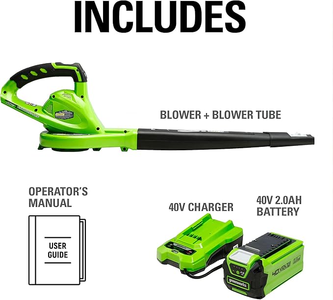 Greenworks 40V Leaf Blower/Sweeper, 150 MPH, Lightweight, Quiet, with 2.0 Ah Battery and Charger - LeafyLoom