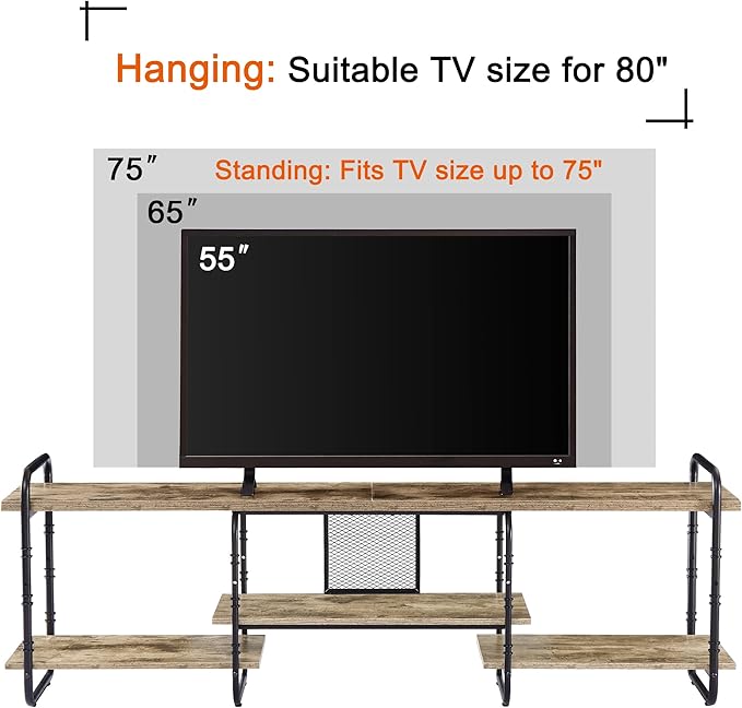 VECELO Industrial Television Entertainment Center Console Stand with Three Open Storage Shelves for Living Room/Bedroom, Classic Grey, 75 inch TV, Gray - LeafyLoom