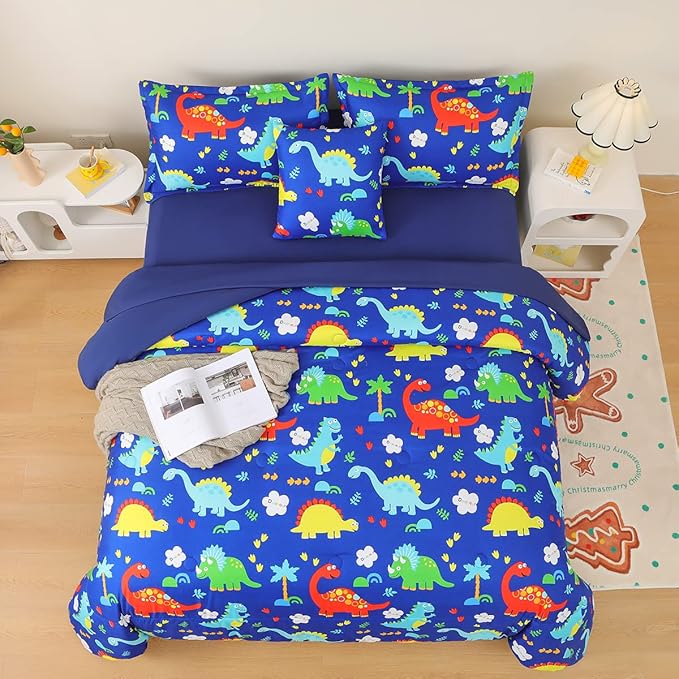 Dinosaur Comforter Set for Boys, 6 Pcs Bed in a Bag Twin Blue Dinosaur Wild Park Jungle Print Kids Bedding Set with Sheets - LeafyLoom