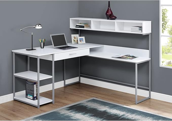 Monarch Specialties Workstation for Home & Office with Multiple Shelves and Drawer L-Shaped Corner Desk with Hutch, 60" L, White/Silver Frame - LeafyLoom