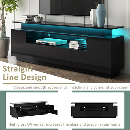 Modern Functional Stand with Color Changing LED Lights and Storage Space, High Gloss Television Cabinet for TVs Up to 75+'' for Living Room Furniture, 75 inch, Black - LeafyLoom