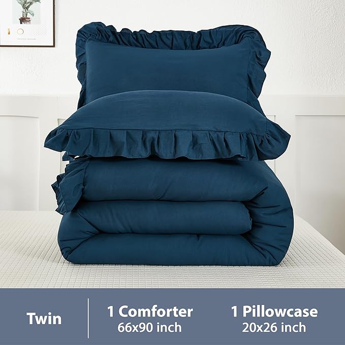 Andency Navy Blue Comforter Twin Size, 2 Pieces Kids Bed Comforter Set, Solid Ruffle Shabby Chic Farmhouse Comforter, Lightweight Soft Down Alternative Microfiber Bedding Set - LeafyLoom