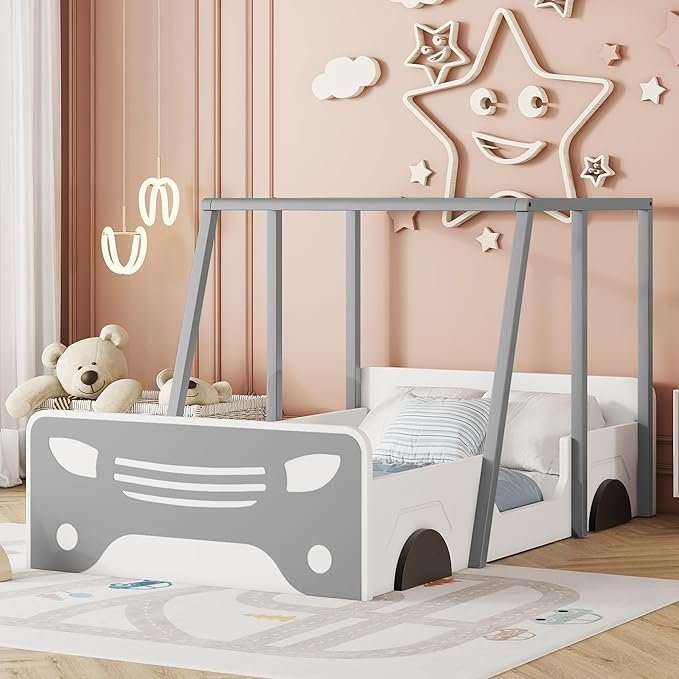 Toddler Twin Size Car Bed with Roof & Door,Wooden Car-Shaped Floor Bedframe W/Safety Guardrail,Racecar Design,Easy Assembly,Montessori Inspired Bedroom Furniture for Boys Kids Teens,Grey - LeafyLoom