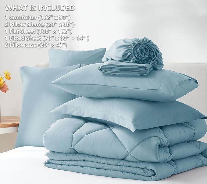 CozyLux King Bed in a Bag 7-Pieces Comforter Sets with Comforter and Sheets Light Blue All Season Bedding Sets with Comforter, Pillow Shams, Flat Sheet, Fitted Sheet and Pillowcases - LeafyLoom