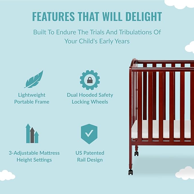 Dream On Me 3 in 1 Portable Folding Stationary Side Crib in Cherry, Greenguard Gold Certified, Safety Wheel with Locking Casters, Convertible, 3 Mattress Heights - LeafyLoom