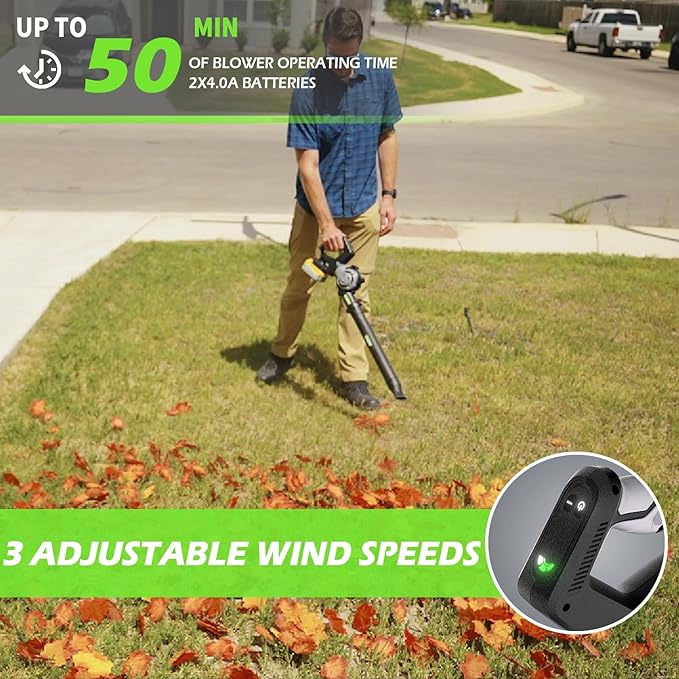 Cordless Leaf Blower, 2 x 21V 4.0Ah Battery and Charger, 3 Speed Mode, 160 MPH 180CFM Lightweight Battery Powered Leaf Blower for Lawn Care, Patio, Yard, Sidewalk,Snow Blowing - LeafyLoom