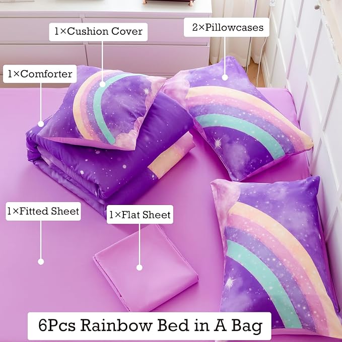 Purple Rainbow Girls Full Size Comforter Set, 6 Pieces Gradient Glitter Kids Bedding Sets, Galaxy Kids Bedroom Decor Bed in A Bag with Sheets for Girls Teens - LeafyLoom