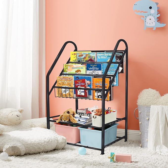 aboxoo Metal Kids Bookshelf Black Toy Chests & Organizers Large Freestanding for Children Toy Chests & OrganizersRoom 25 in Toy Organizer Large Stable Bookcase Bookstore Library Bed Living Room - LeafyLoom