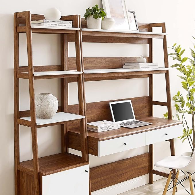 Modway Bixby 2-Piece Home Office Desk and Bookshelf Display Case in Walnut White - LeafyLoom