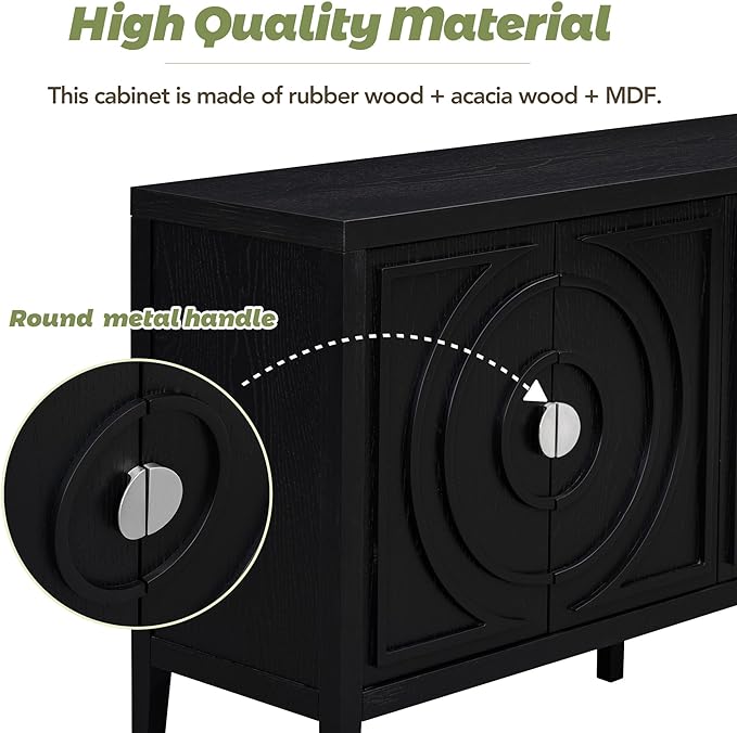 Retro Sideboard with Circular Groove Design Round Metal Door Handle,Wooden Buffet Cabinet,W/Adjustable Shelves & Open Countertop,for Entrance Living Dinning Room,Black, 60" - LeafyLoom