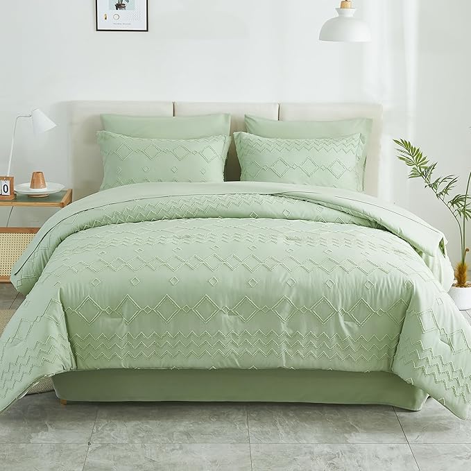 EMME Twin Comforter Set - 5 Pcs Sage Green Boho Bedding Sets, Tufted Comforter with Sheets, Shabby Chic Embroidery Twin Bed Set Fluffy Bed Bag for All Season(68"X90") - LeafyLoom