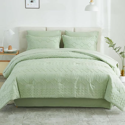 EMME Queen Comforter Set - 7 Pcs Sage Green Boho Bedding Sets, Full Size Tufted Comforter with Sheets, Shabby Chic Embroidery Queen Bed Set Fluffy Bed Bag for All Season(90"X90") - LeafyLoom