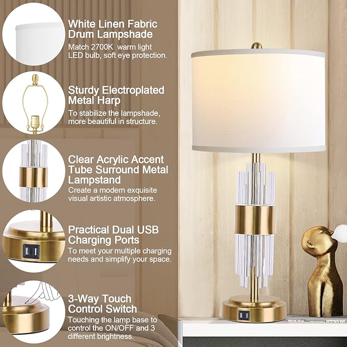 QiMH Gold Table Lamp for Living Room with USB Ports, Bedside Lamps for Bedrooms with Touch Control USB Ports, Modern Nightstand Lamp White Drum Lamp Shade Home Light Decor (2700K LED Bulb Included) - LeafyLoom