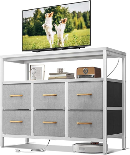 AODK TV Stand with Power Outlet, 40" Long TV Stand with 6 Large Fabric Drawers, Entertainment Center with Open Shelves for 55 Inch TV, Living Room, White and Light Grey - LeafyLoom