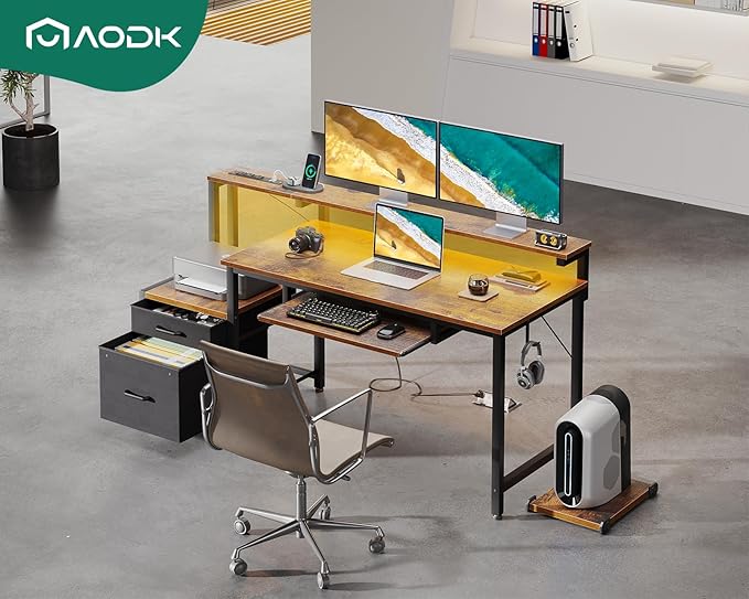 AODK 55 Inch Computer Desk with Power Outlets and LED Light, Reversible Office Desk with File Cabinet & Drawer, Gaming Desk with Keyboard Tray and Full Monitor Riser and PC Stand, Study Table, Vintage - LeafyLoom