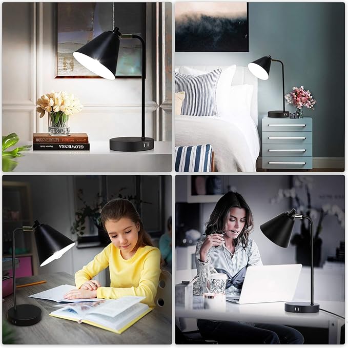 Industrial 3 Way Dimmable Touch Control Desk Lamp with 2 USB Ports & AC Outlet Bedside Nightstand Reading Lamp Flexible Head Farmhouse Black Table Lamp for Office Bedroom Living Room Bulb Included - LeafyLoom