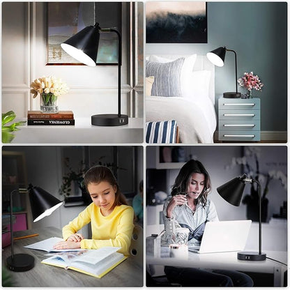 Industrial 3 Way Dimmable Touch Control Desk Lamp with 2 USB Ports & AC Outlet Bedside Nightstand Reading Lamp Flexible Head Farmhouse Black Table Lamp for Office Bedroom Living Room Bulb Included - LeafyLoom