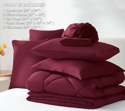 CozyLux Queen Comforter Set with Sheets 7 Pieces Bed in a Bag Burgundy All Season Bedding Sets with Comforter, Pillow Shams, Flat Sheet, Fitted Sheet and Pillowcases, Red, Queen - LeafyLoom