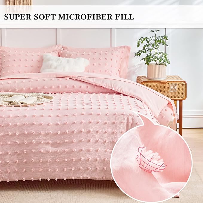 7 Pieces Tufted Dots Bed in a Bag King Comforter Set with Sheets Pink , Soft and Embroidery Shabby Chic Boho Comforters, Solid Color with Pom Pom Design, Jacquard Tufts Bedding Set for All Season - LeafyLoom